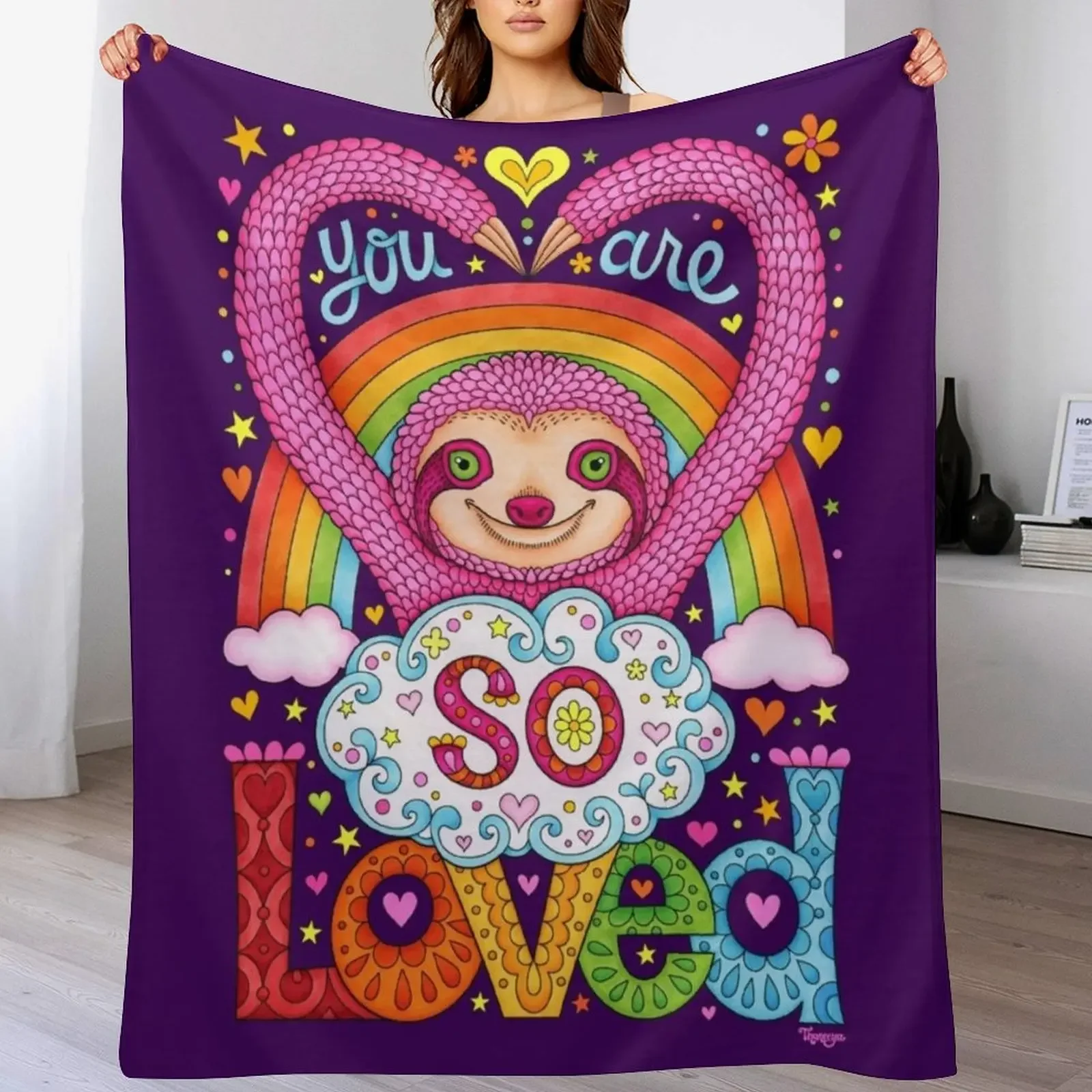 You are so loved - Cute Rainbow Sloth - Art by Thaneeya McArdle Throw Blanket Furrys Decoratives Blankets