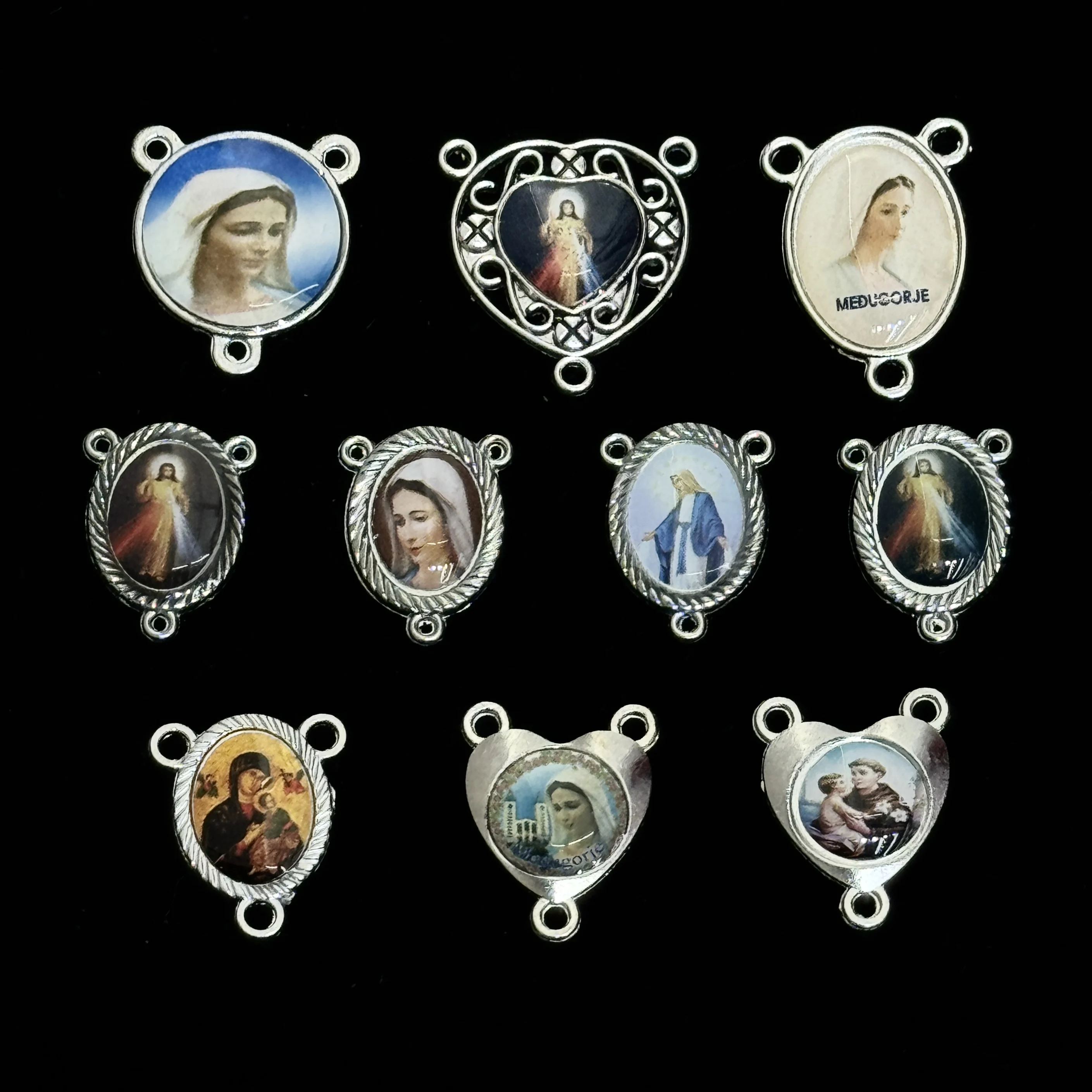10Pcs 3-Hole Catholic Rosary Centerpiece Connectors Epoxy Virgin Mary Divine Mercy Medal Charms for DIY Jewelry