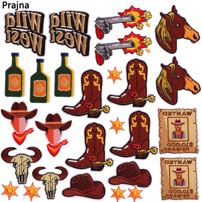 5PCS West Cowboy Patch Horse Boots Bull Head Embroidered Patches For Clothing DIY Cartoon Iron On Patches Jackets Sew Stickers