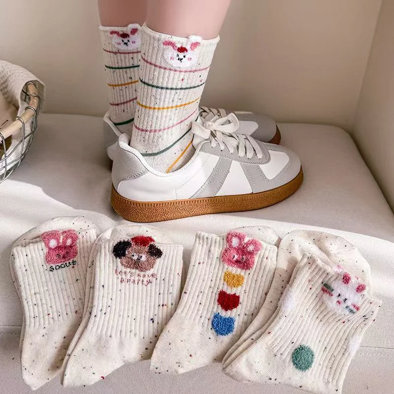 

5 пар милых носков для девочек, милые носки из пряжи в горошек с бантом, мультяшные носки до середины икры, модные универсальные вентилируемые женские короткие носки в корейском стиле