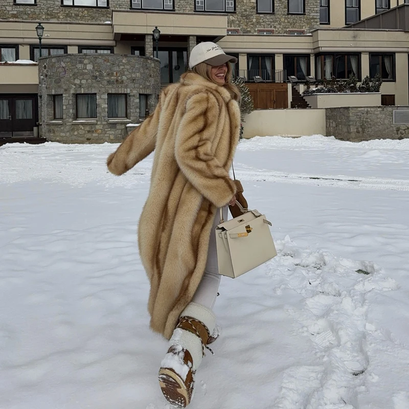 Runway Fashion Yellow Striped Maxi Long Faux Fur Coat Jacket Women Winter Brand Fluffy Fox Fur Overcoat Girls Outerwear
