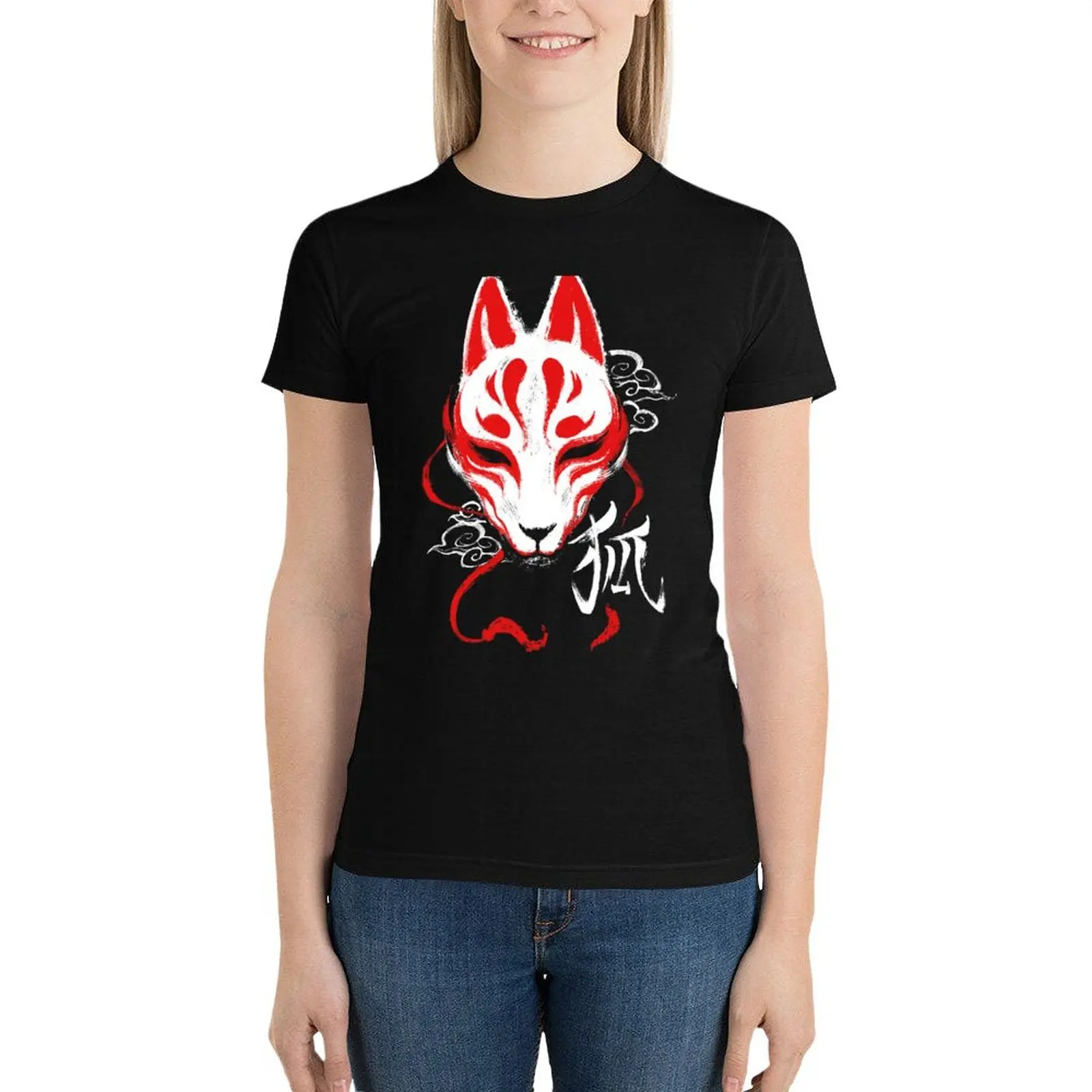 Kitsune Mask - Japanese Traditional Fox - Kanji Ink T-Shirt summer tops korean fashion Woman fashion