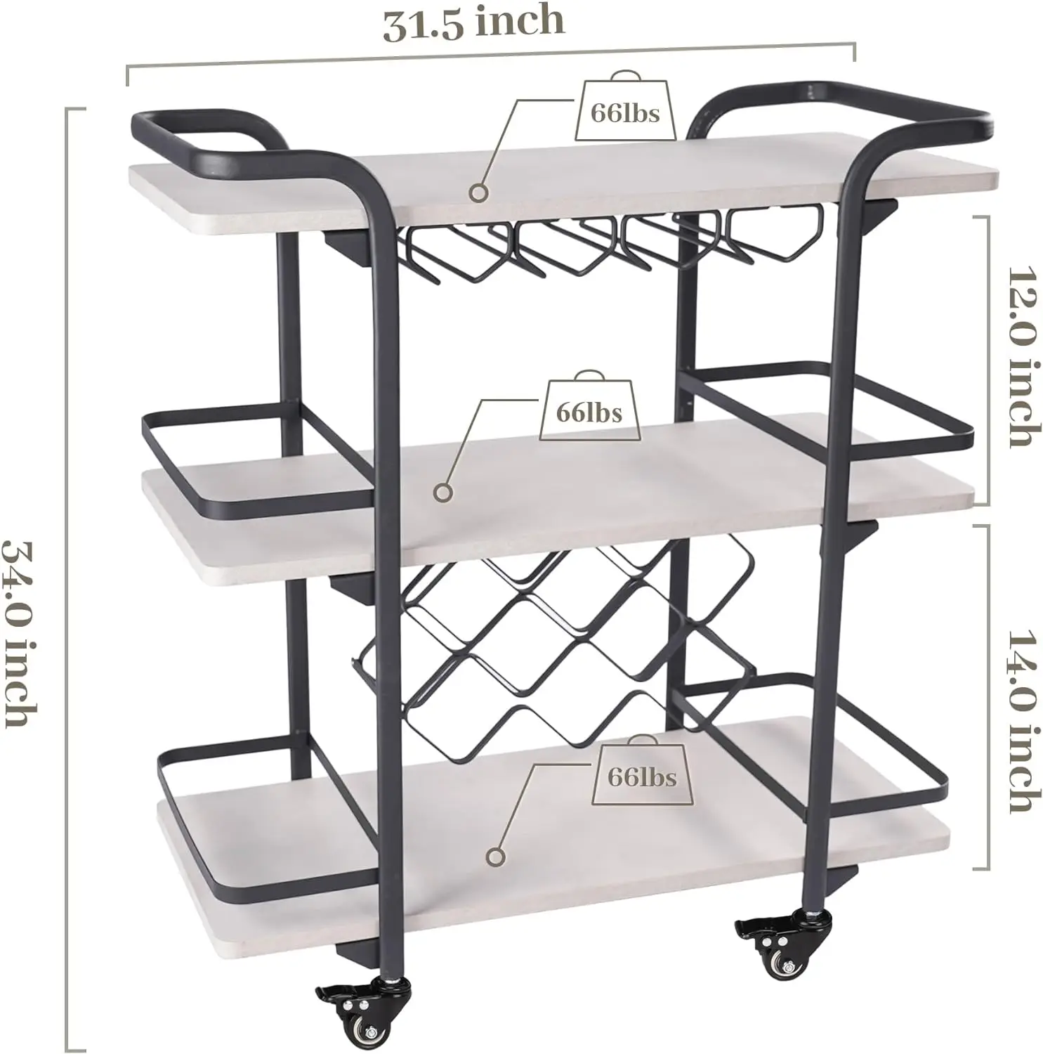 3-Tier Bar Cart  Shelves w/ Wine Racks & Glass Holders, Light Grey Beverage Cocktail Shelves Cart w/ 4 Lockable Wheels