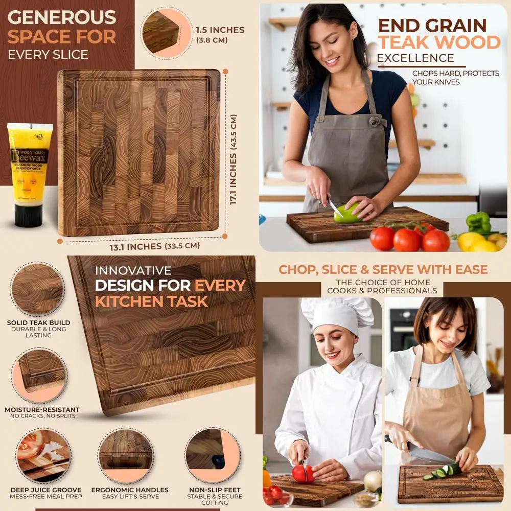 

Сверхмощная разделочная доска из тикового дерева 13,1x17,1x1,5 дюйма, премиум-класса с глубокой канавкой для сока, нескользящими ножками и боковыми ручками для мяса, овощей