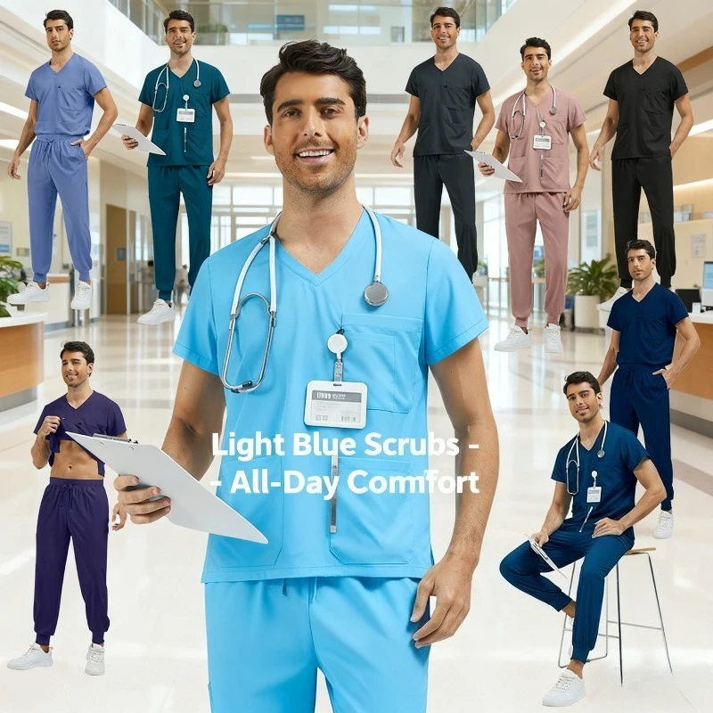 Setelan Baju Kerja Pria Lengan Pendek Tipis Celana Terusan untuk Dokter dan Perawat, Dapat Dicuci dengan Tangan