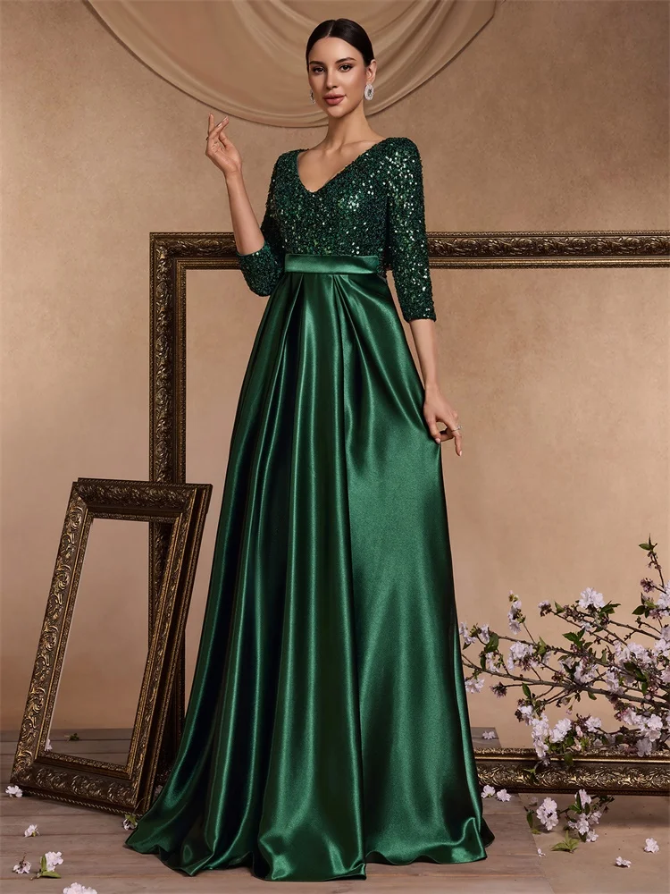 Lucyinlove-vestido de noche de manga corta con lentejuelas para mujer, elegante vestido verde de satén para fiesta de graduación, largo hasta el