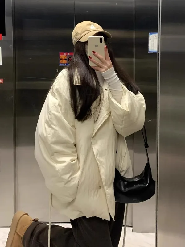 

Fashionable White Cotton Jacket Women's Winter Casual Warmth High-End Feelings Commute Style Long Sleeve Stand Collar Coat