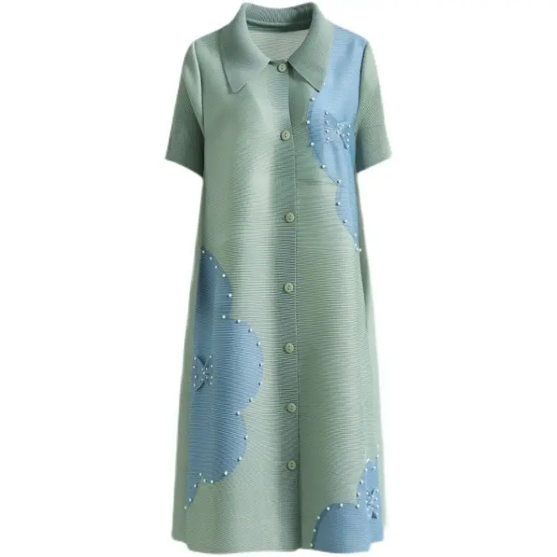 Ata Yake-Robe plissée à simple boutonnage pour femme, manches courtes, nœud papillon, perle d'ongle, robe décontractée