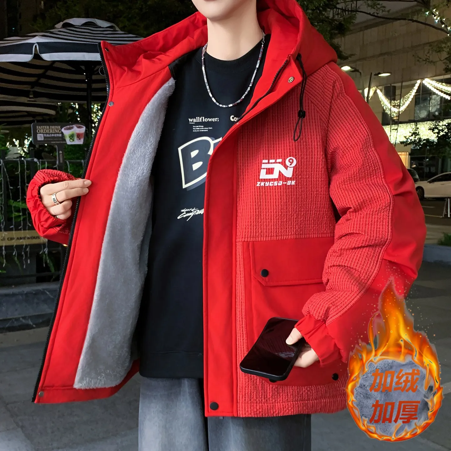 

High Streetwear Youth Fashion Warm Hooded Fleece Jackets 2025 Autumn Winter Windproof Plush Liner Coats Outdoor Thick Top Parkas