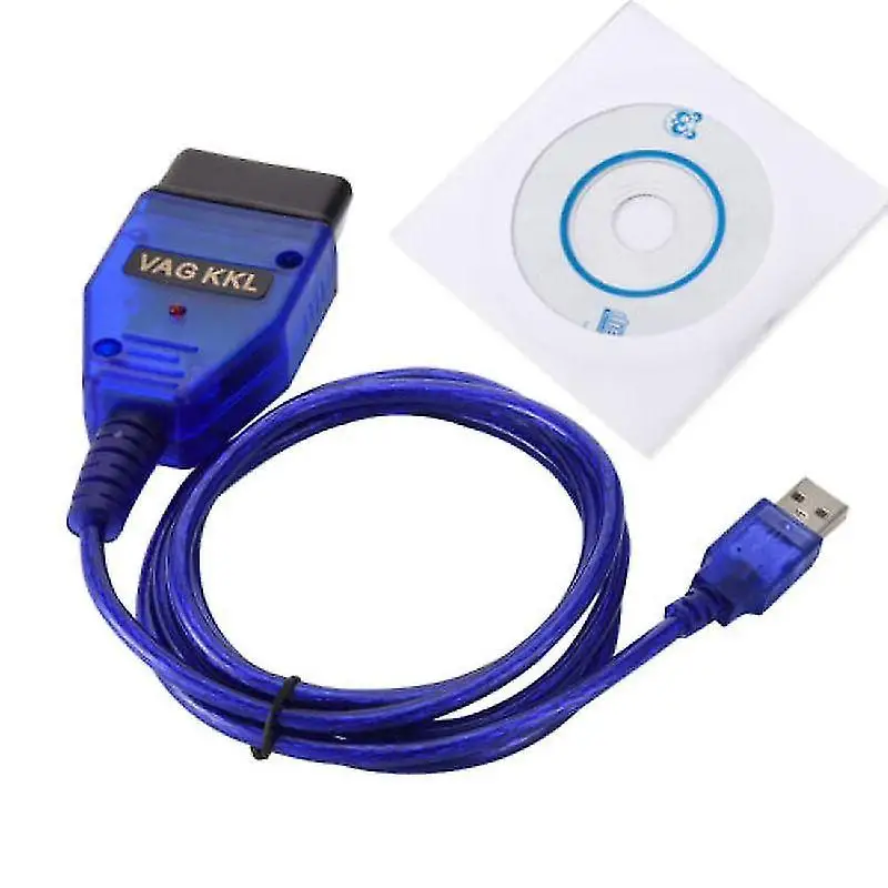 Kabel Diagnostik USB OBD2 VAG-COM KKL 409.1, Panjang 1,5m, Biru, Termasuk CD Perangkat Lunak Gratis