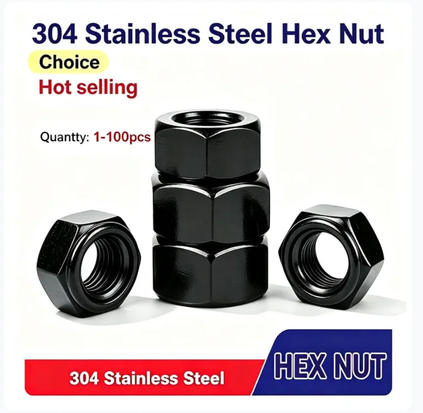 304 Stainless Steel Black Hex Nut M2 M2.5 M3 M3.5 M4 M5 M6 M8 M10 M12 M14 M16 M18 M20 Hex Nut 1-100pcs