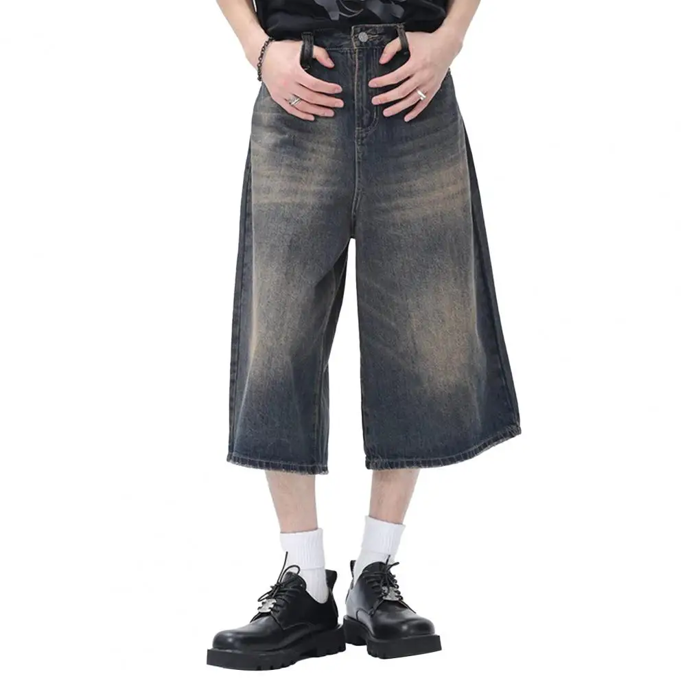 Straight-legged Men Jeans Gradient Color Wide Leg Cropped Jeans with Pockets Stylish Mid-calf Denim Pants for Men Gradient Color