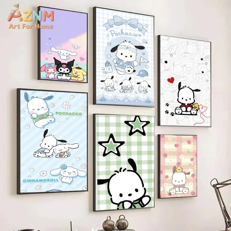 Sanrio Pochacco Canvas Wall Art Unframed Print Fresh Star Heart Cartoon Poster for Bedroom Dorm Home Interior Wall Decor Art P