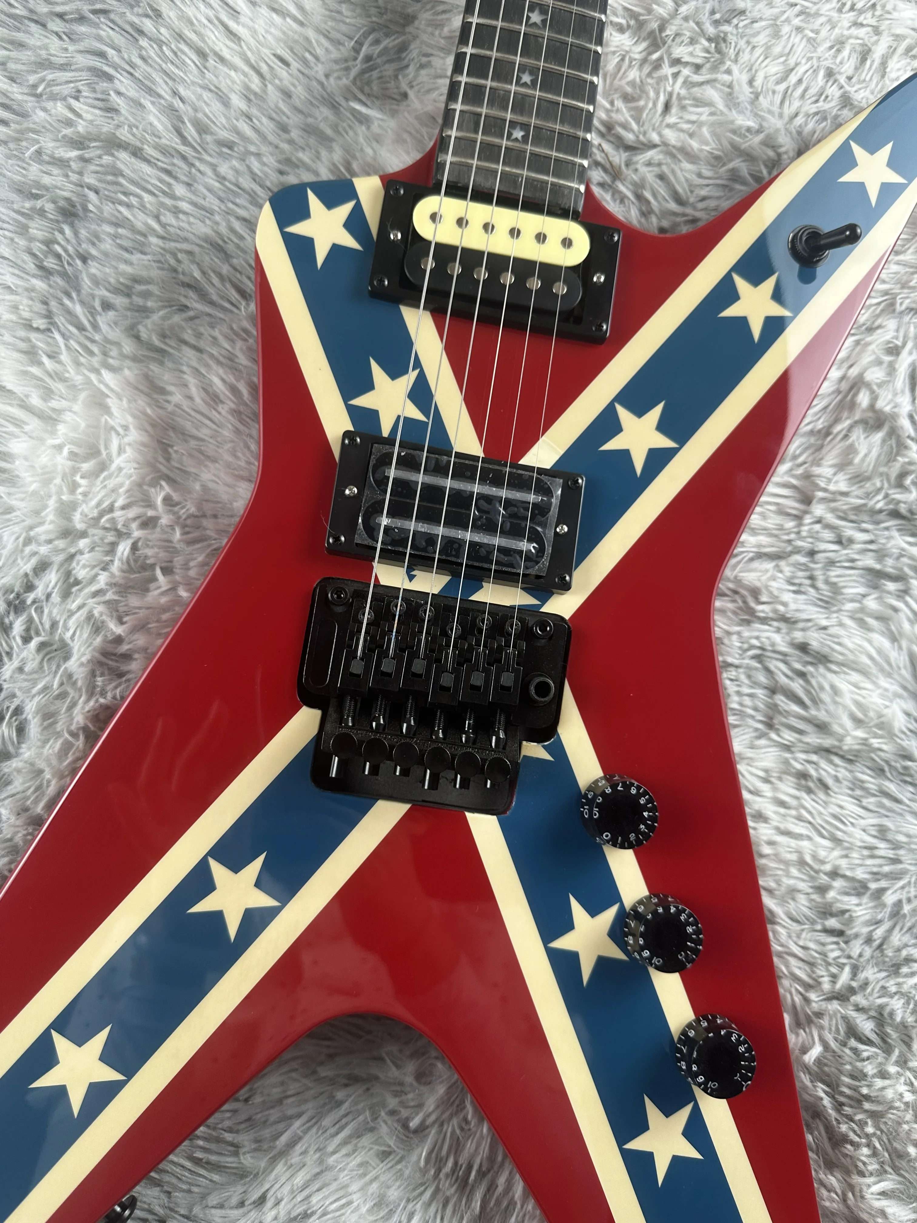 Irregular electric guitar, Red transfer printing, five star finger board inlay , bright light, in stock, fast shipping