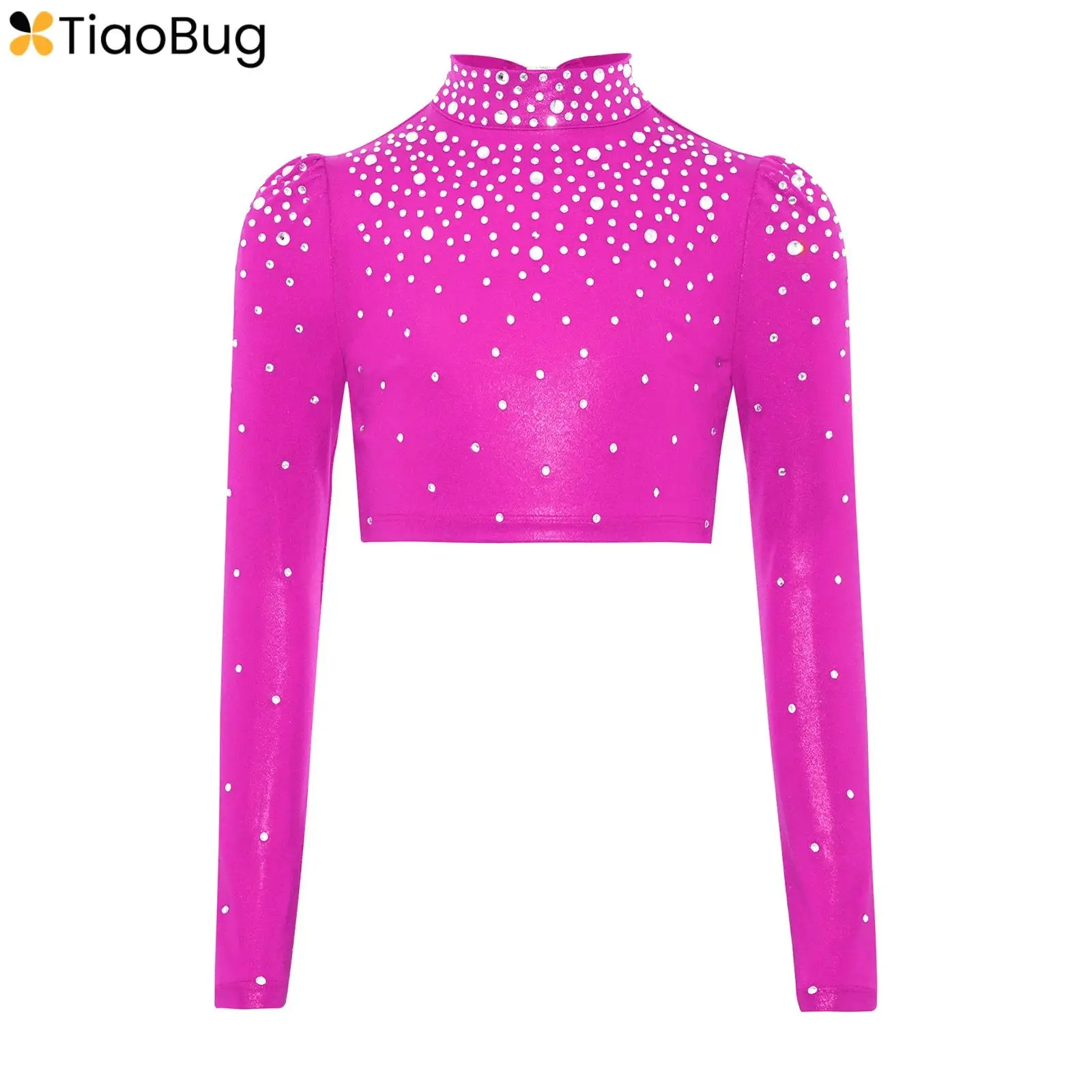 

Kids Girls Jazz Dance Top Long Sleeve Keyhole Back Sparkling Rhinestones Metallic Crop Top Gymnastics Stage Performance Costume