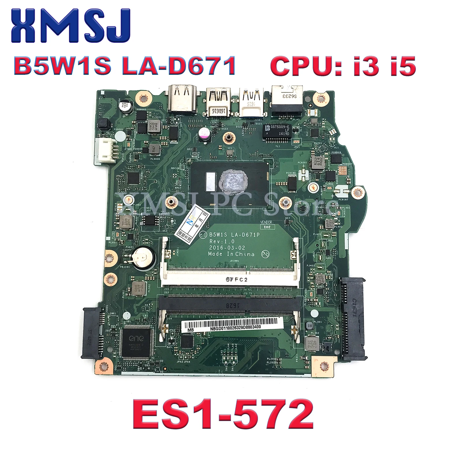 

For Acer Aspire ES1-572 ES1-572G Laptop Motherboard B5W1S LA-D671P With Core I3-6100U I5-6200U I5-7200U NBGD011002 NB.GD011.002