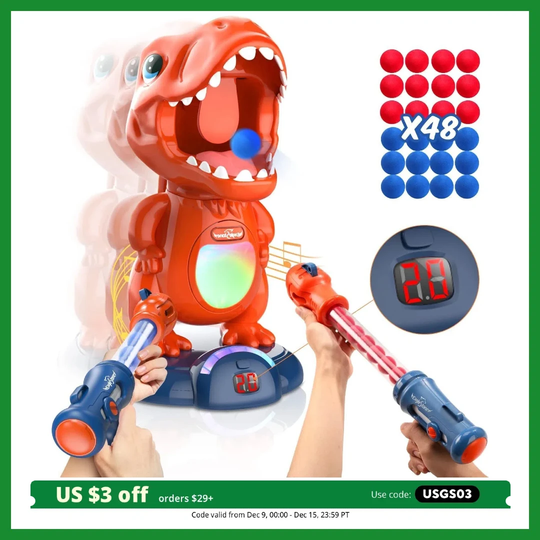 EagleStone Dino Shooting Toys, jogo de arma de bomba de ar, pontuação LCD, 24 bolas de espuma, presentes para crianças