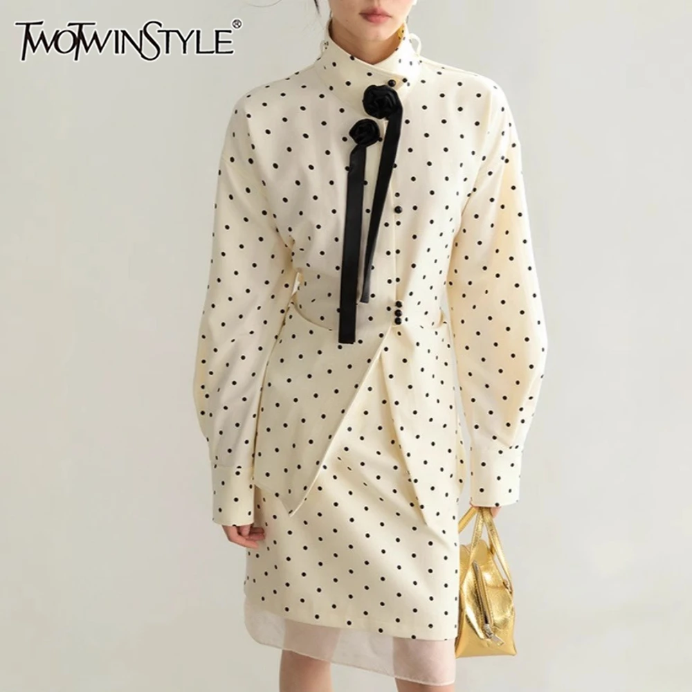 TWOTWINSTYLE Beige Spliced Dot Printing Two Piece Set Female Stand Collar Long Sleeve Jacket French Women's Skirt Set Fashion