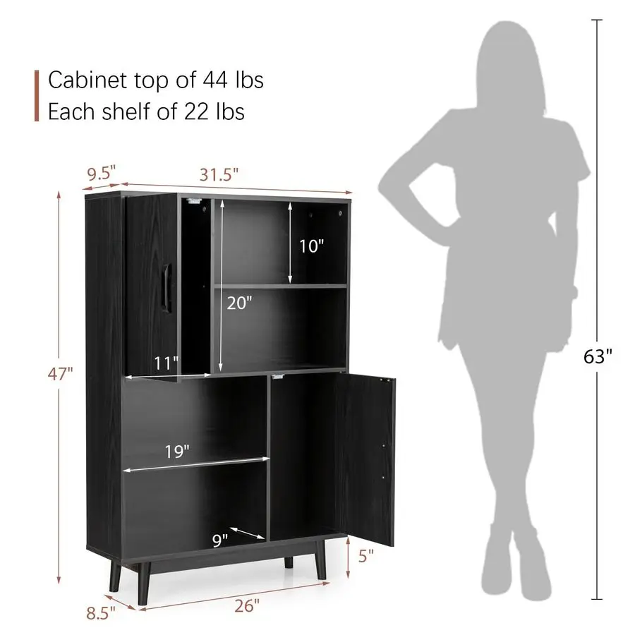 

Storage Cabinet with Legs, Floor Cabinet with Doors, Shelves, AntiTipping Device, 4Tier Bookshelf for Books amp Photos, Tall Cu