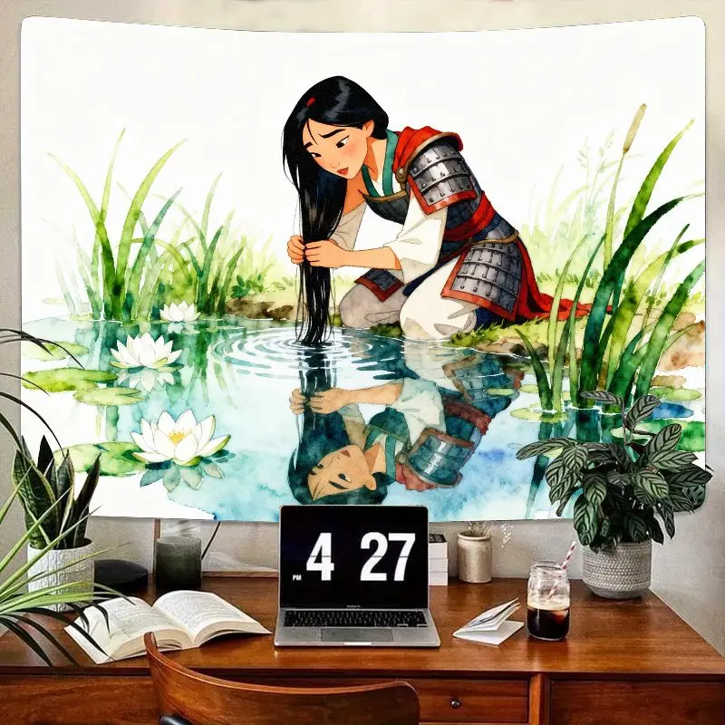 

1 шт., гобелен с отражателем воина Мулан, эстетическое акварельное настенное искусство, пруд лотоса, декор для спальни, гостиной, современный подарок из полиэстера