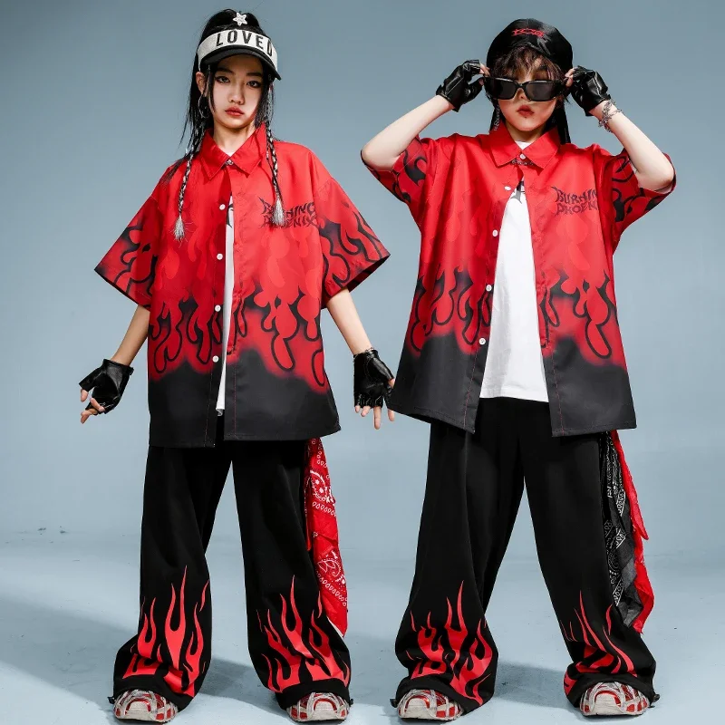 Hip Hop Outfit Jungen Flamme Shirt Street Dance Jogger Hosen Mädchen Feuer Bluse Kinder K-pop Streetwear Kinder Kostüme Kleidung set