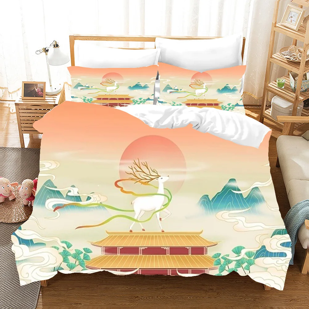 Chinese Ancient Architecture Duvet Cover King Queen Tiangong Deer Chinoiserie Fairy Bedding Set Cartoon Polyester Quilt Cover