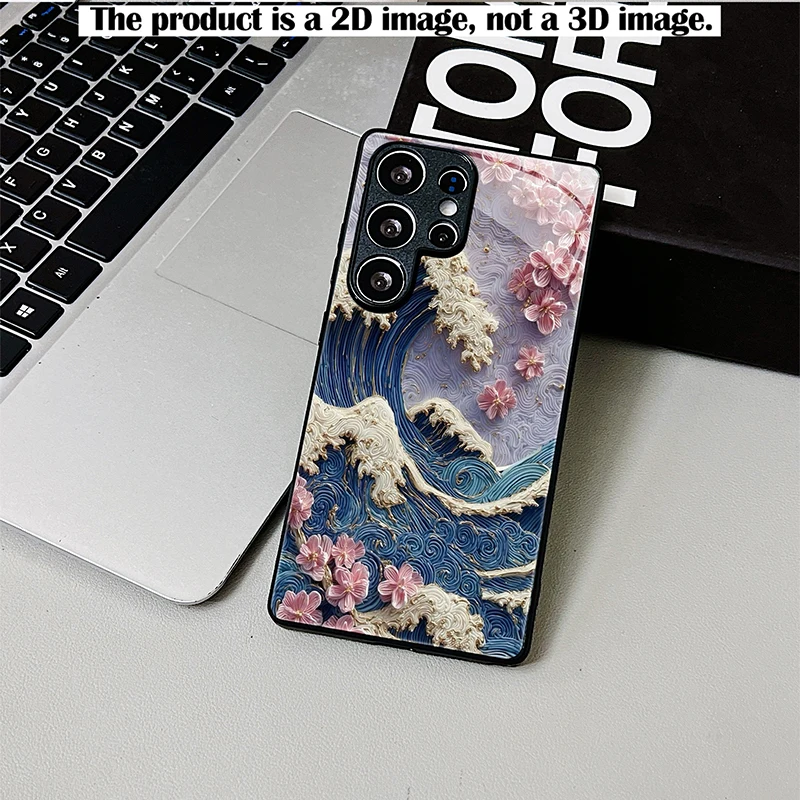 Blue Wave Pink Cherry Emboss Phone Case,2D Print Black Glass Cover for Samsung S/A Series,Full Shockproof Protective Shell
