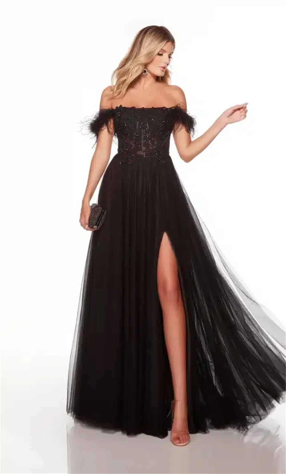 

2023 Women's Shoulder Strap Sleeve Tulle Appliqued with Beaded Feather Prom Dresses Elegant Formal Occasion Gowns Split Gowns