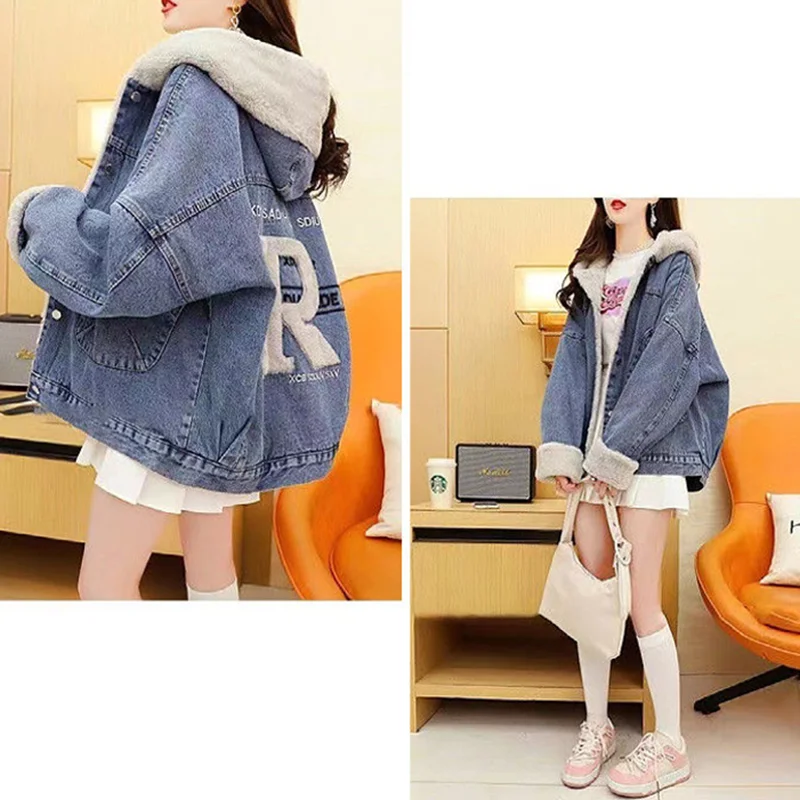 Winter Letter Flocking Hooded Jean Jackets Women Casual Loose Fleece Lined Denim Coats Korean Plus Velvet Warm Jaqueta Jeans