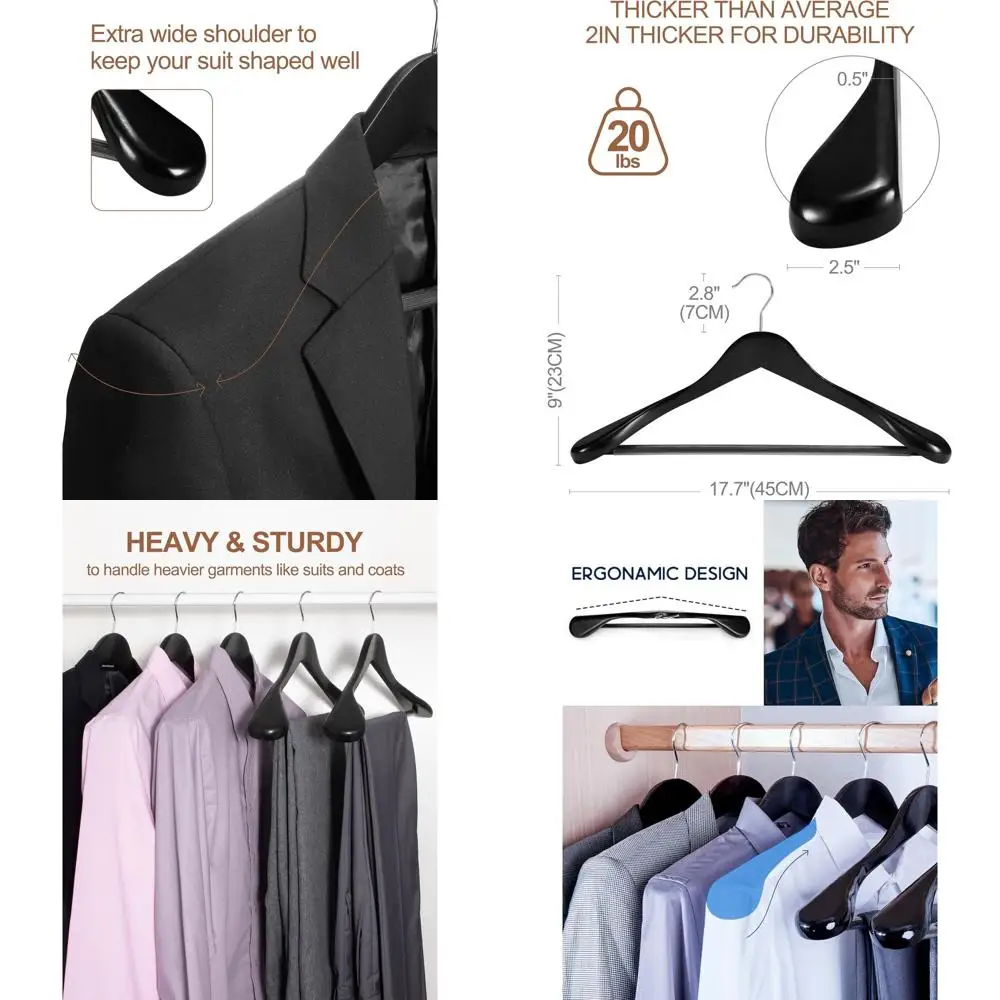 

12 вешалок из цельного дерева с нескользящей планкой для мужских курток, брюк и платьев черного цвета