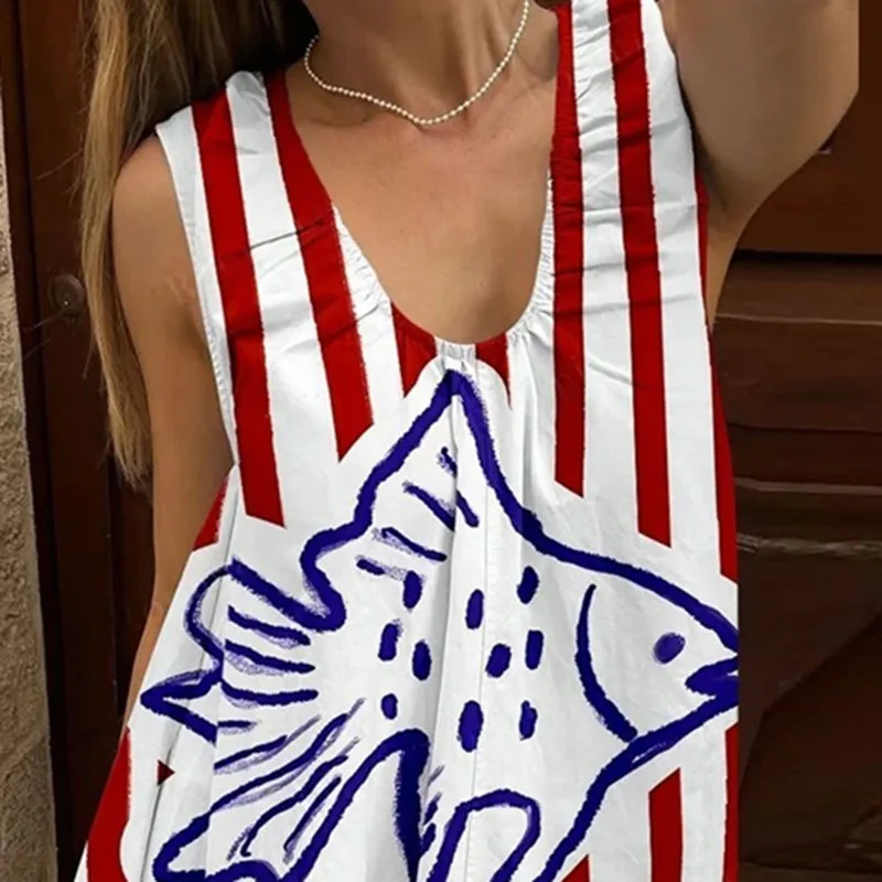 Summer Sleeveless Dot Print Boho Woman Dress New Casual Contrast Color A-Line Long Dress Elegant Loose Simple U Neck Beach Dress