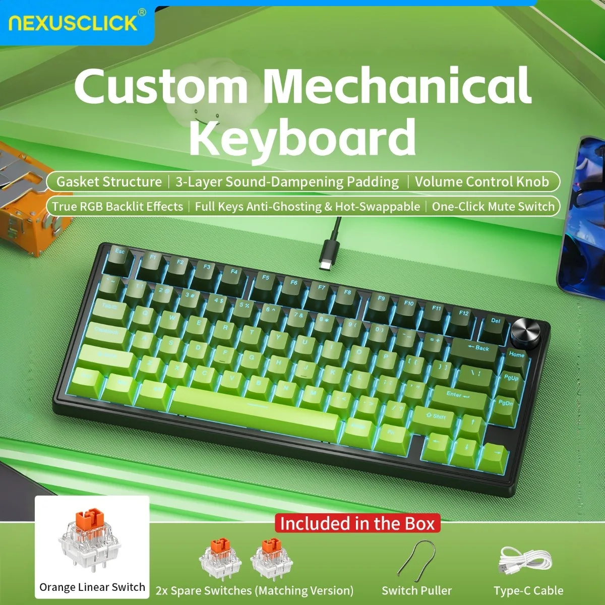 NEXUSCLICK K80 80% Layout Mechanical Keyboard,Ergonomics RGB Backlight Volume Control Knob Hot Swap Wired Gaming Office Keyboard