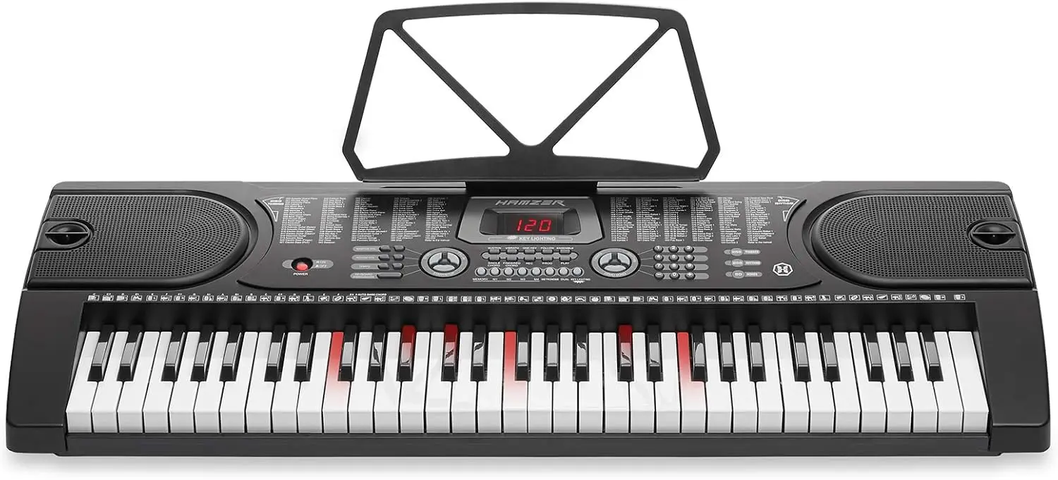 61 Key Keyboard Piano with Lighted Keys, Built-In Speakers, Stand, Bench, & Key Labels - Portable Electronic Musical Keyboard Se