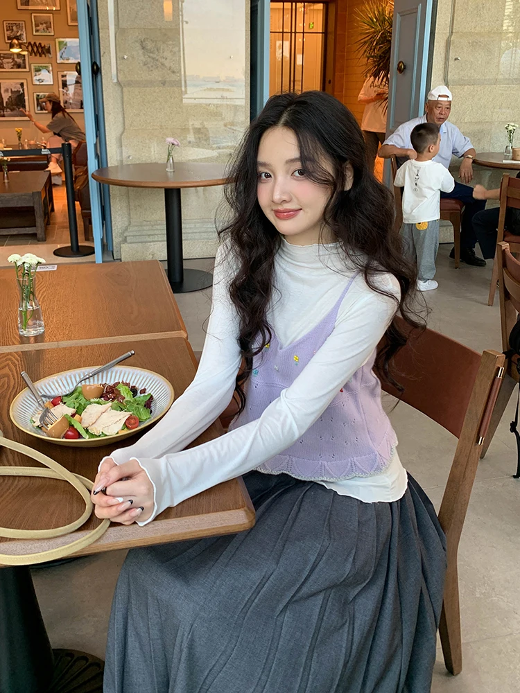 

Нежно-фиолетовый вязаный жилет для женщин, летняя новинка, укороченный топ с V-образным вырезом, повседневный стиль