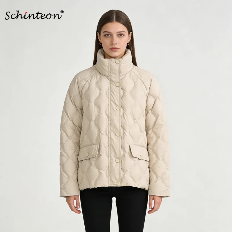 Schinteon Women's White Duck down Jacket Casual Stand Collar Warm Autumn Winter Outwear Fashion Coat High Quality 2025 New