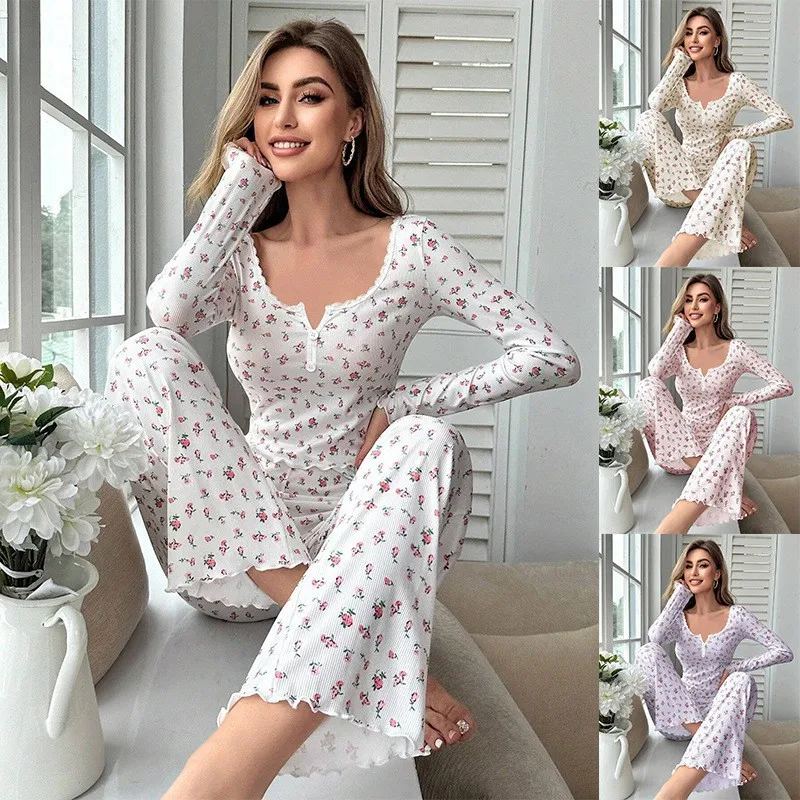

European and American long-sleeved U-neck small floral printed lettuce curl long-sleeved trousers loungewear set pajamas