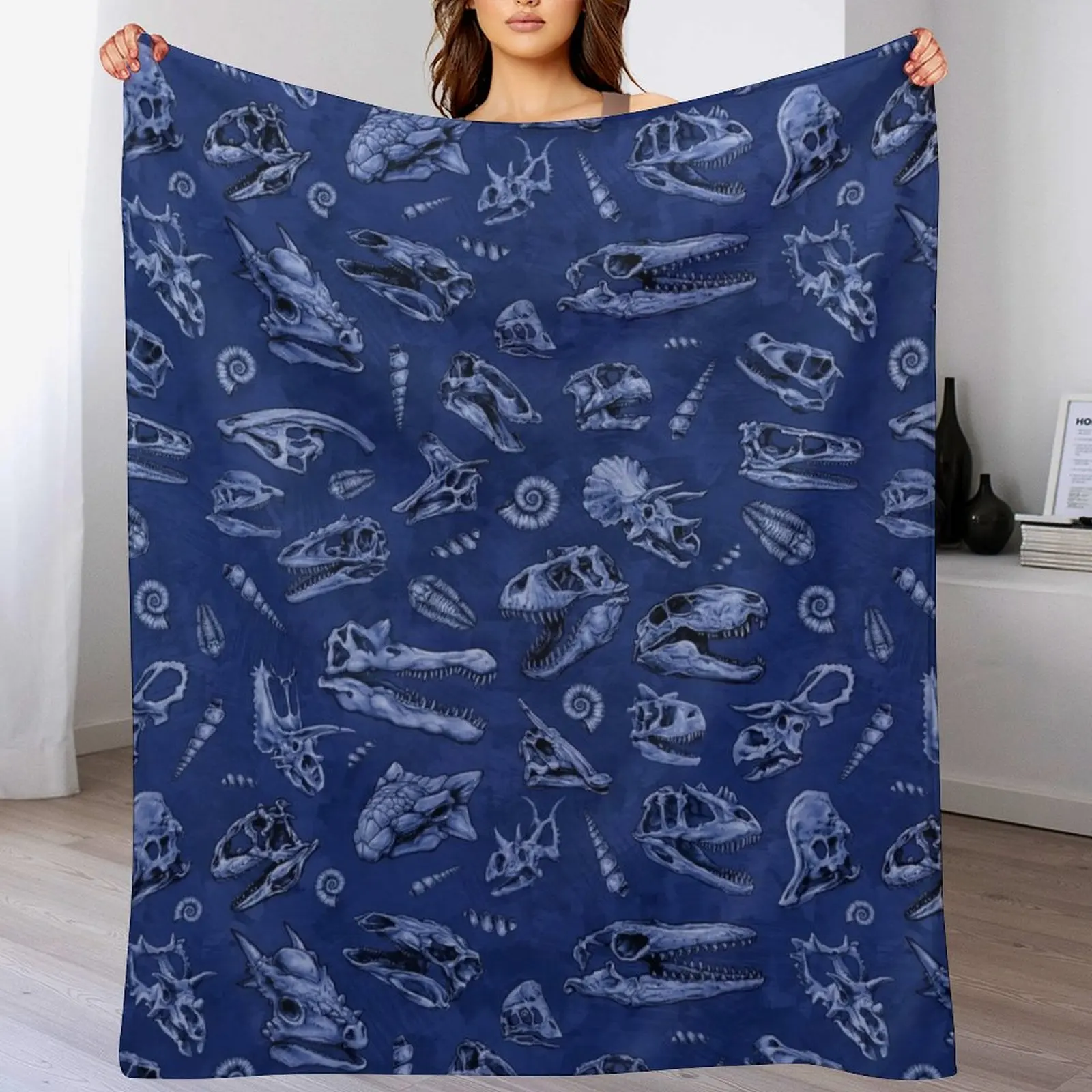 

Dinosaur skull sketch tiled pattern blue Throw Blanket Custom Comforter Blankets