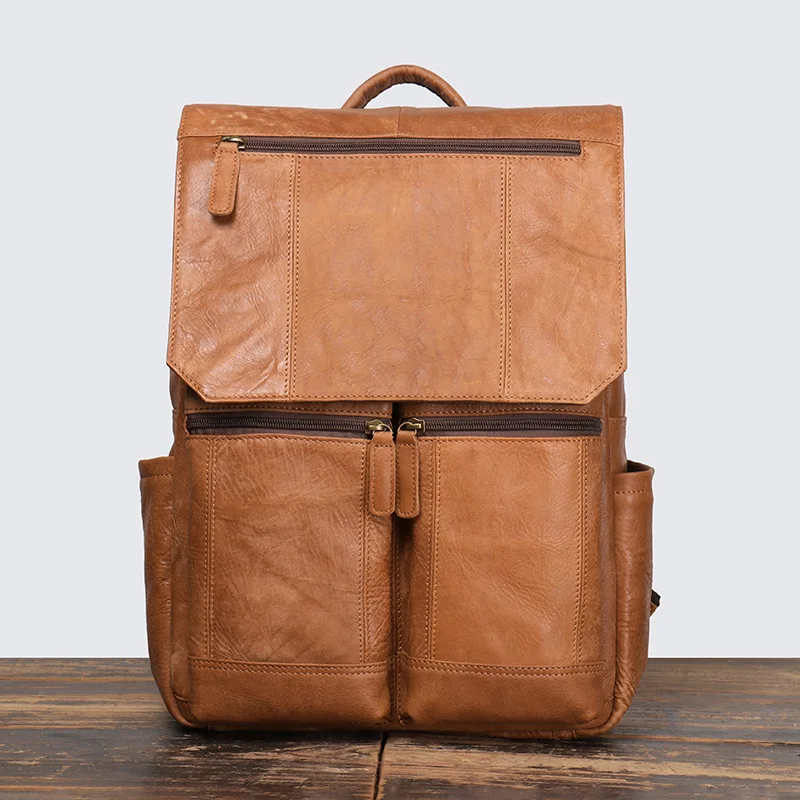 Leather Backpack Large Capacity Schoolbag Natural Cowhide Leisure Satchel Bag Men's Travel Backpack for 14 Inch Laptop