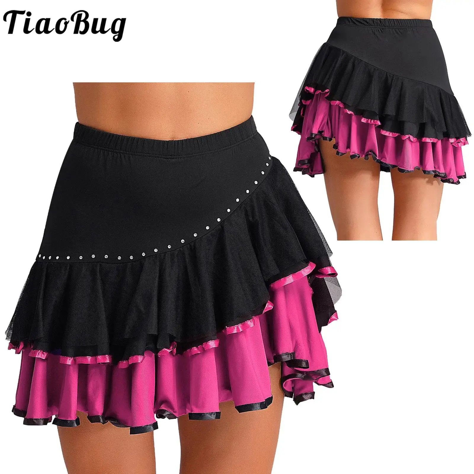 

Latin Dance Skirt Lady High Waist Contrasting Ruffled Latin Dress Sexy Adult Salsa Tango Rumba Ballroom Asymmetrical Skirt