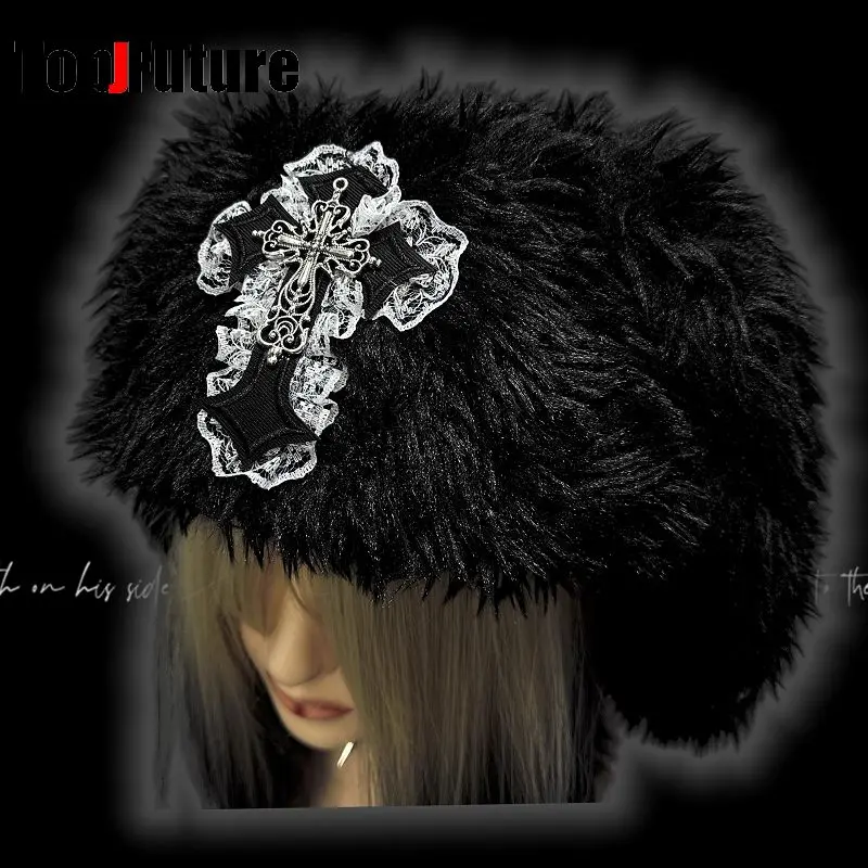 Women  Japanese Harajuku Y2K Girls Long Rabbit Ear Hat Gothic Lolita fluffy cross Warm Bunny Ear Caps Streetwear Beanie Hat