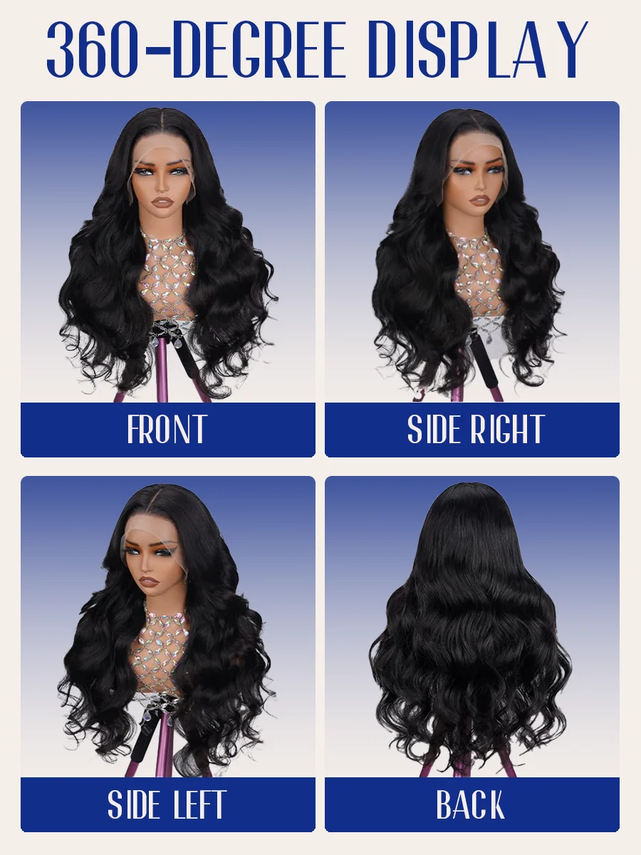 Black Body Wave 1B Human Hair Wigs Natural Color 200% High Density 40 Inches Long-length 360 5x5 13x6 13x4 HD Transparent Lace Frontal Wig Pre Plucked For Women Brazilian Hair image 5