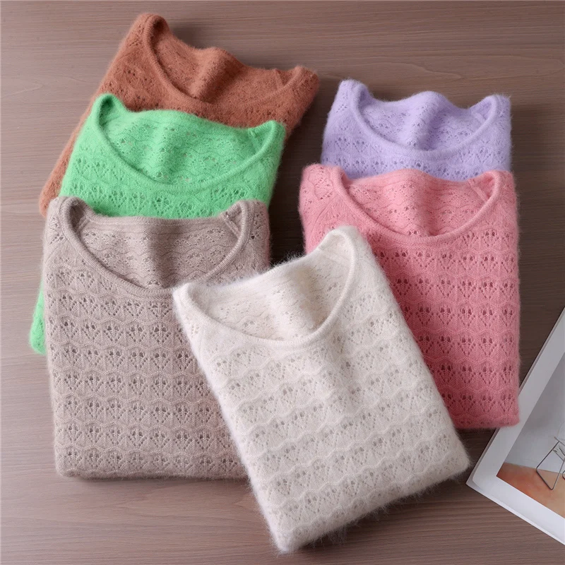 Chic Hollow Out O-Neck Women's Clothing Autumn Winter 100% Mink Cashmere Knitwear Female Autumn Winter Basic Pullover Sweater