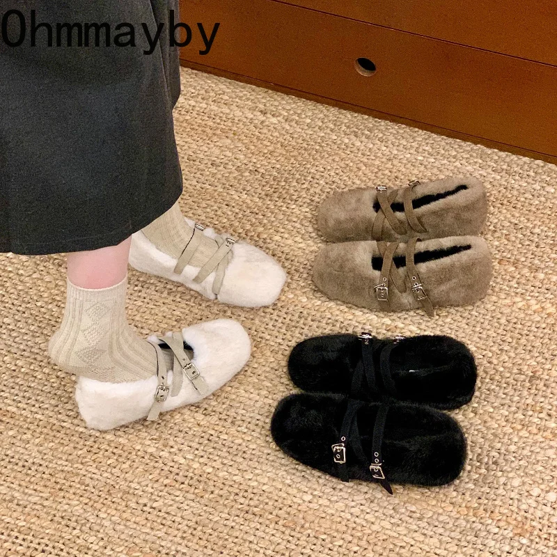 Internal Elevation Women Furry Mary Jane Shoes Winter Warm Plush Lined Double Buckle Strap Round Toe Slip On Casual Shoes