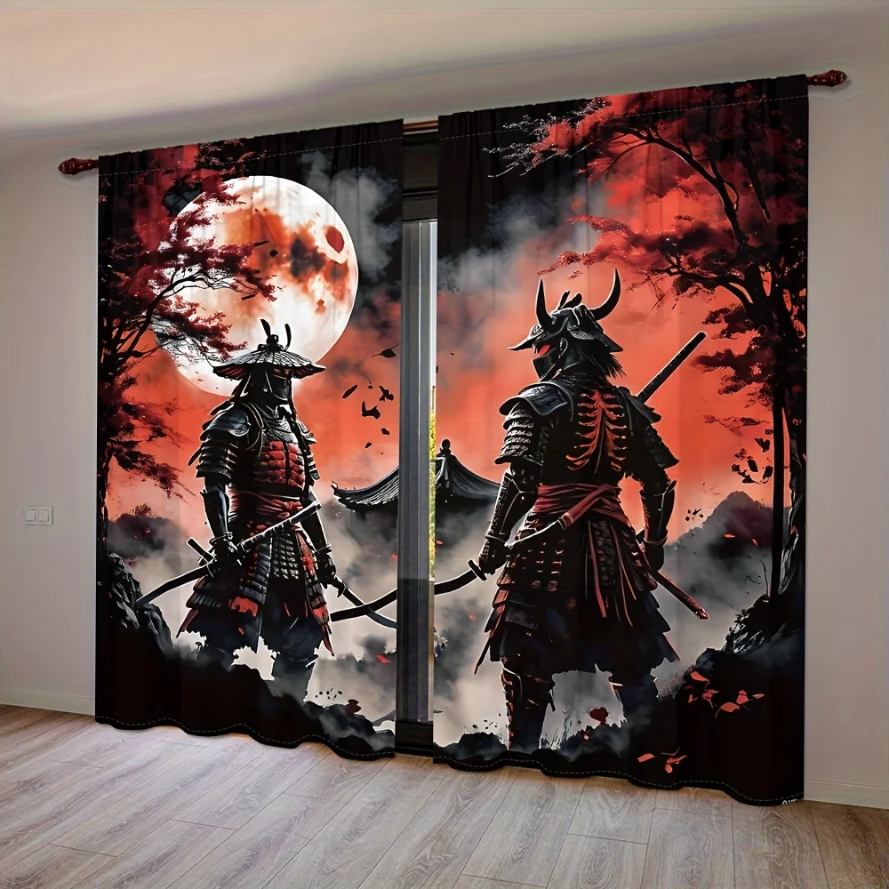 2pc Black Samurai Moon Curtains – Red & Black Anime Style, Rod Pocket, Light-Filtering for Living Room, Bedroom & Kitchen