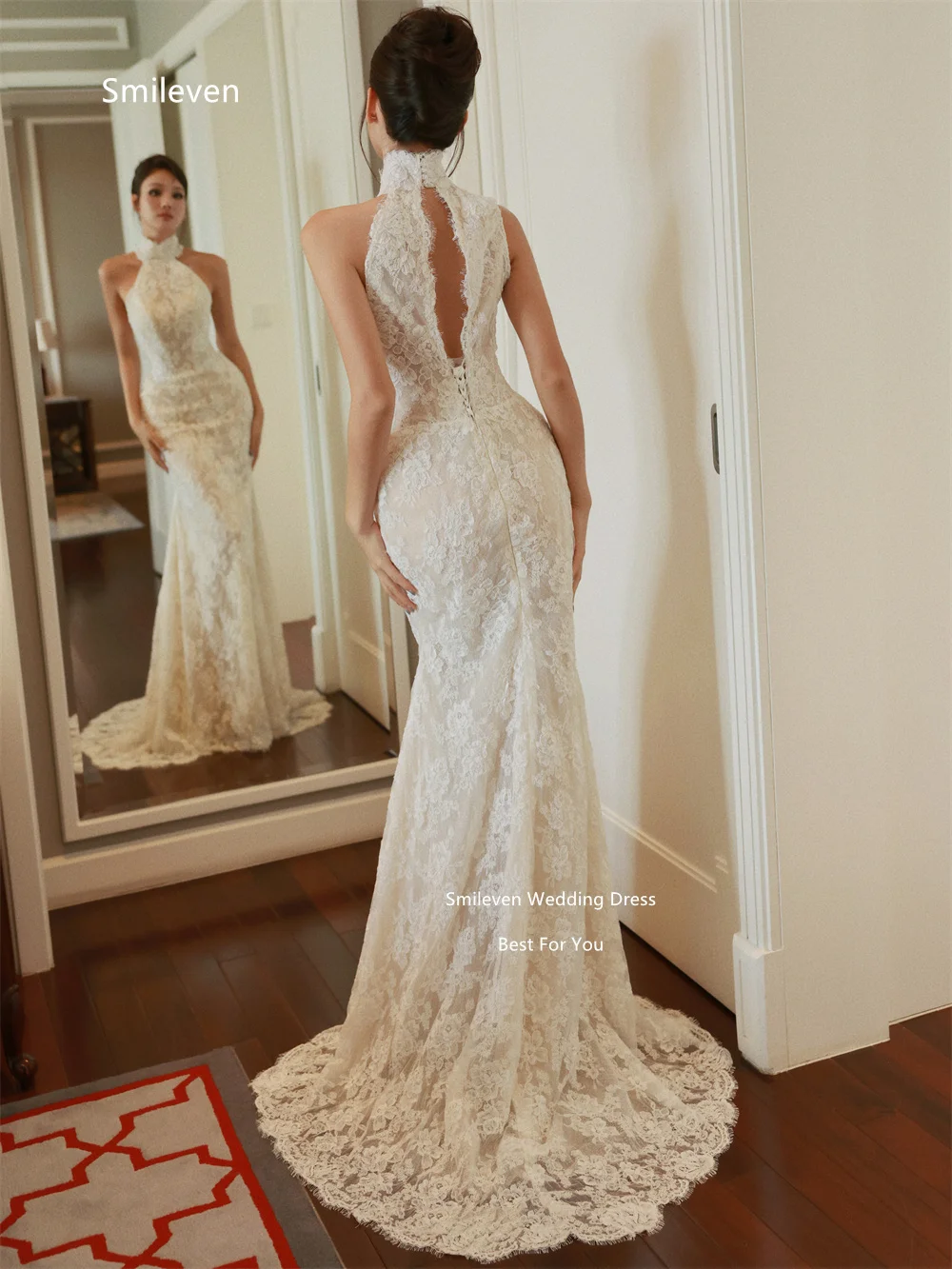 Smileven Ivory Floral Lace Wedding Dresses Mermaid High Halter Sleeveless Bridal Dress Open Back Lace Up Gowns Customized 2027