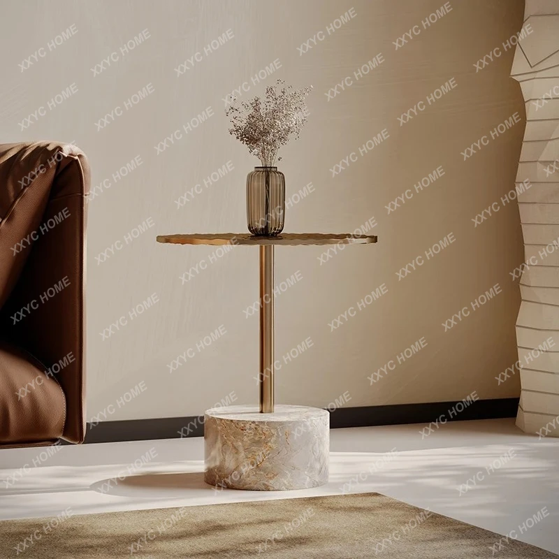 A Italian light luxury sofa side living room modern minimalist brown glass small coffee table Nordic bedside stainless steel