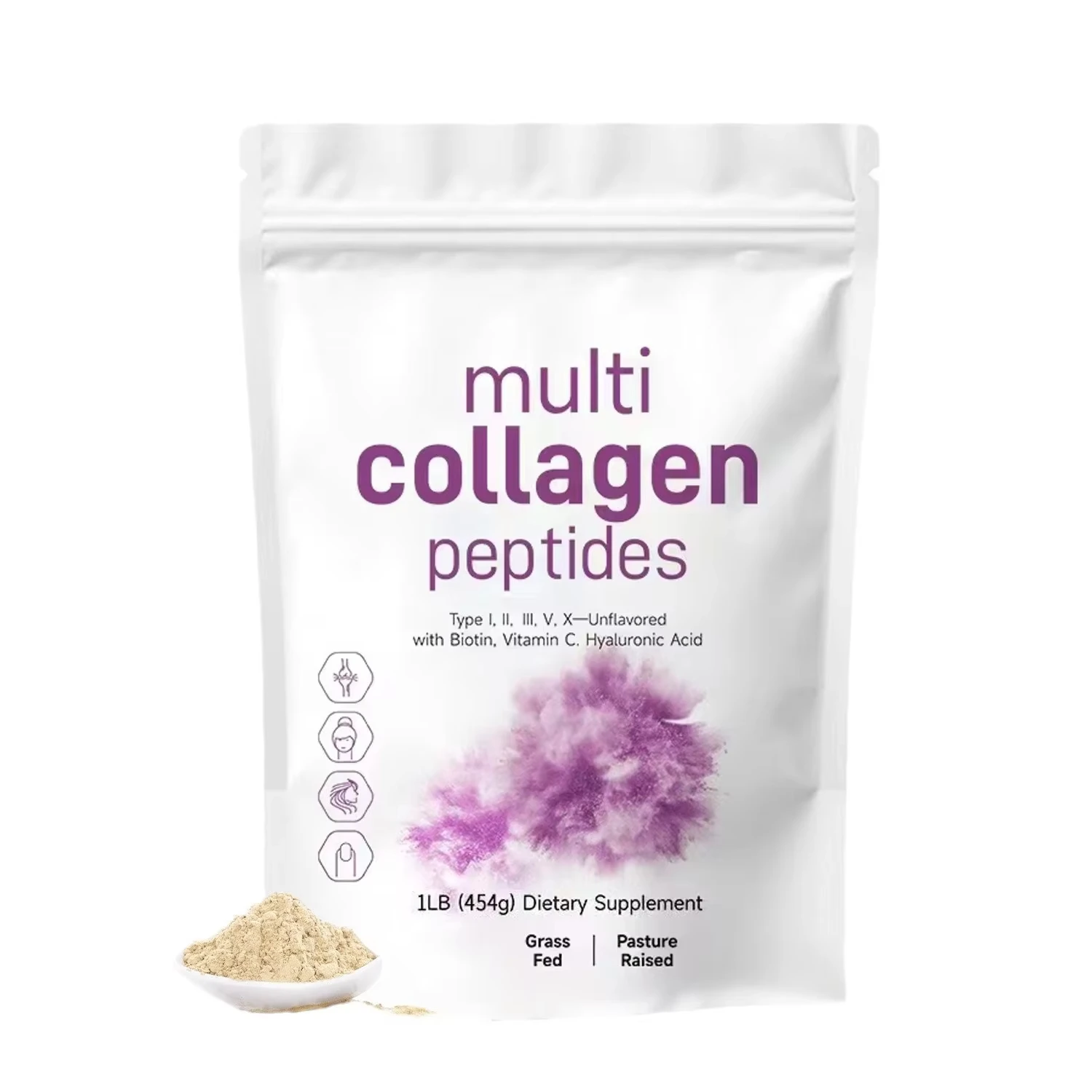 454G Multi Collagen Peptides Powder - Protein Supplement, Type I, II, III, V, X with Hyaluronic Acid, Vitamin C, Mixes in Drinks