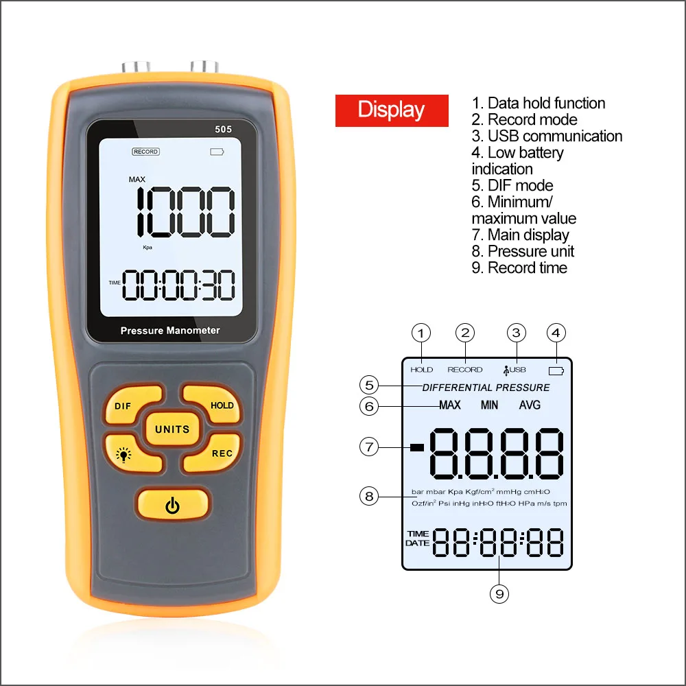 BENETECH Pressure Gauge Digital Manometer Pressure Meter Manometer Differential Pressure Gauge GM505 2.49KPa Air Pressure Meter