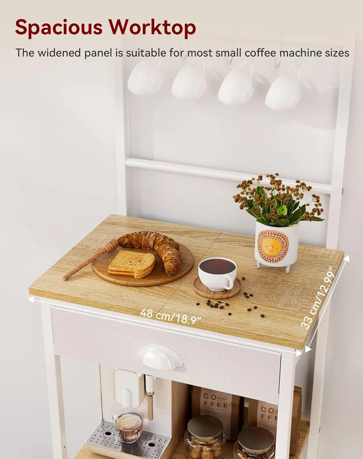 محطة بار قهوة قابلة للتعديل مكونة من 5 طبقات مع أدراج وخطافات قماشية للمطبخ أو غرفة المعيشة