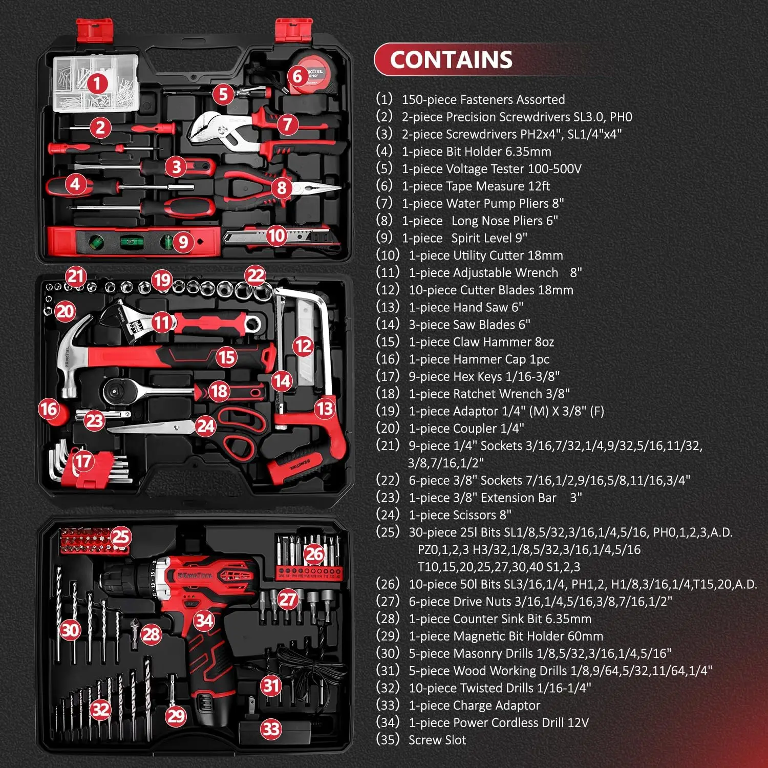 276-Piece Tool Set Kit - Tool kit with 12V Cordless Power Drill Driver Toolbox Storage Case with Drawer, Drill Set Perfect for H